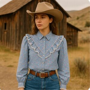 Vintage 80s Cameo Rose Prairie Ruffle Floral Blouse sz 7/8 Cottagecore Cowgirl